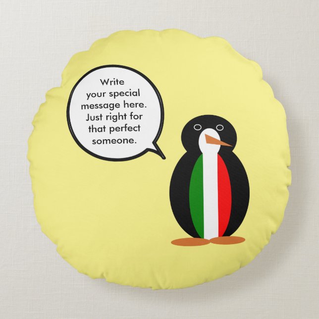 Italian Talking Ms Penguin Personalised  Round Cushion (Front)