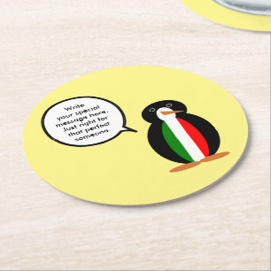 Italian Talking Ms Penguin Personalised Round Paper Coaster