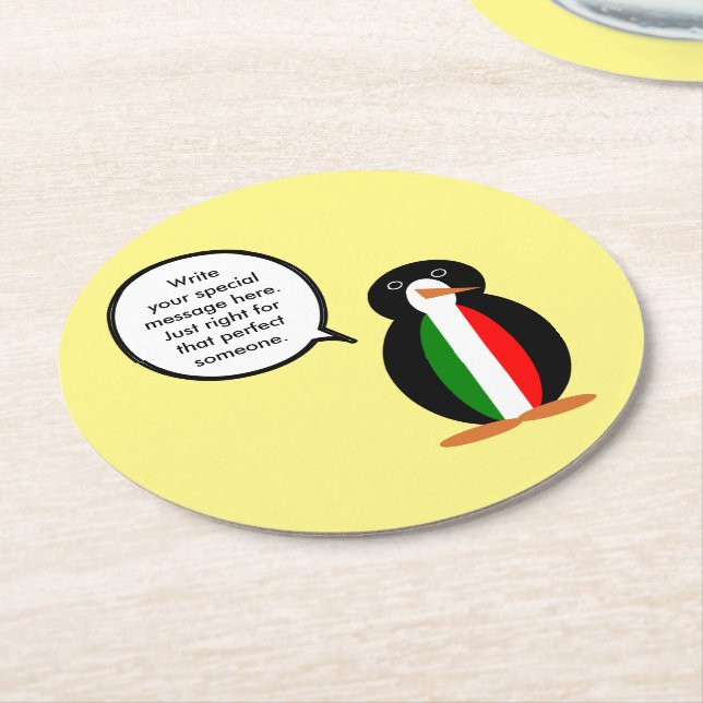 Italian Talking Ms Penguin Personalised  Round Paper Coaster (Angled)