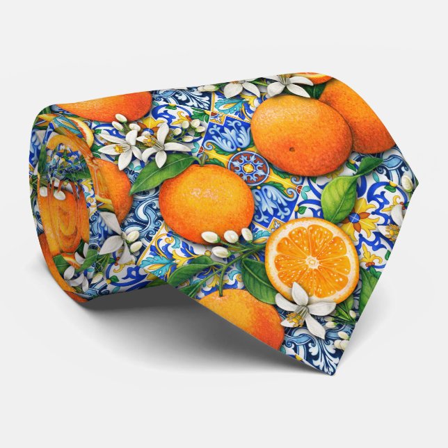 Italian Tile Citrus Pattern Mediterranean Tie (Rolled)