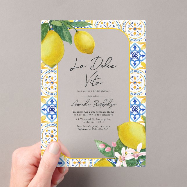 Italian Tile & Lemon Bridal Shower - La Dolce Vita Acrylic Invitations (Insitu (Handheld))