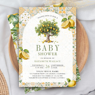 Italian Tile Lemon Tree Arch QR Code Baby Shower Invitation
