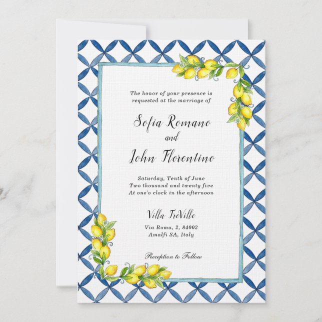Italian tiles and lemon pattern invitation (Front)
