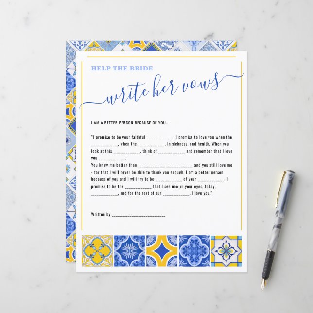 Italian Tiles Bridal Shower Vows Game (Front/Back In Situ)