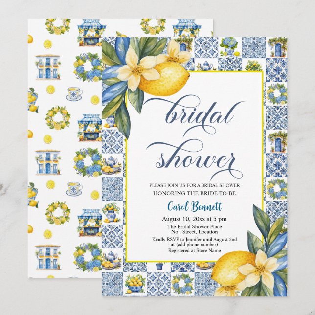 Italian Tiles Lemon Theme Summer Bridal Shower Invitation (Front/Back)