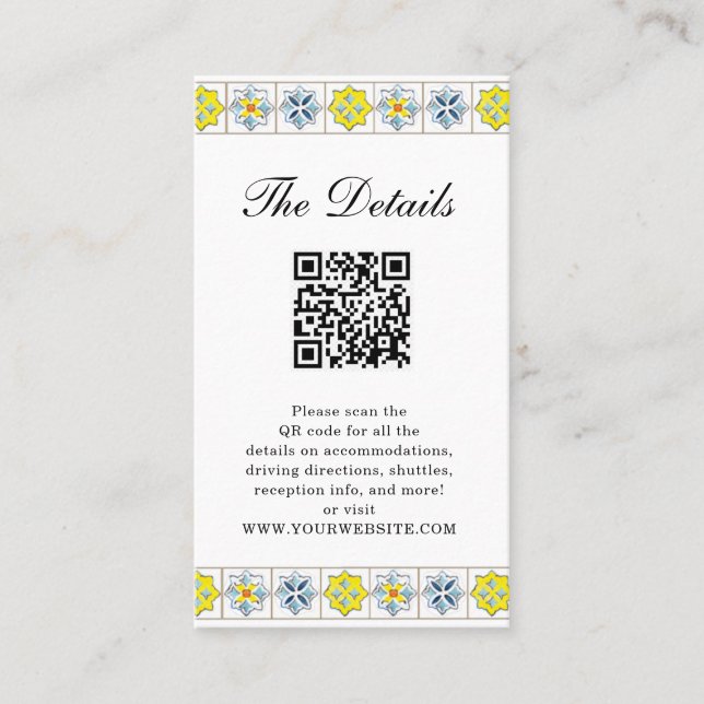 Italian Tiles wedding details card with QR code (Front)