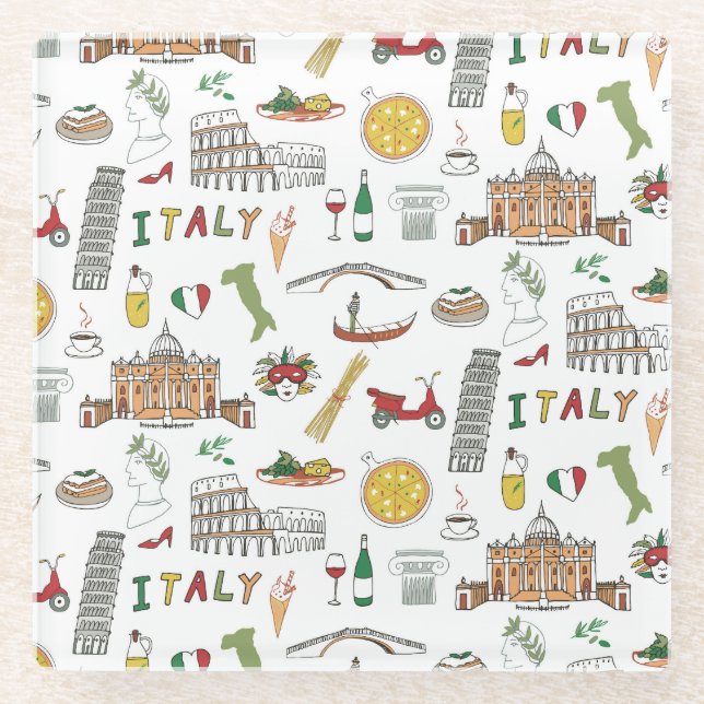 Italian travel, national food, doodle pattern. glass coaster (Front)
