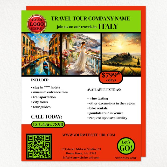 Italian Travel Photo Template Flyer (A travel agency flyer with your logo, QR code and 3 photos)