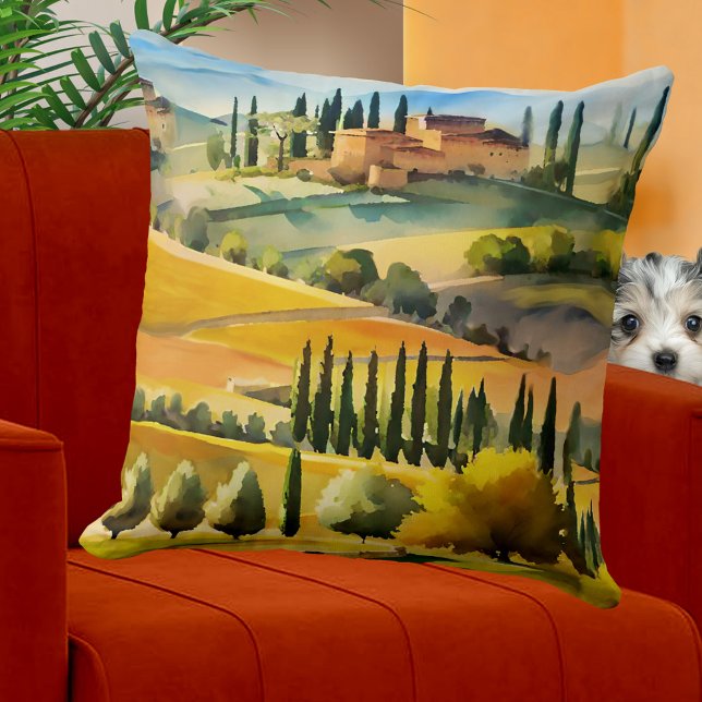 Italian Tuscan Watercolor Landscape Cushion (Pillow featuring a watercolor painting of an Italian Tuscan landscape.)