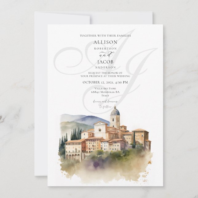 Italian Tuscany Monogram Destination Wedding Invitation (Front)