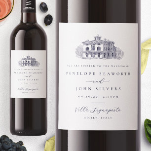 Italian Villa Illustration Wedding Invitation Wine Label
