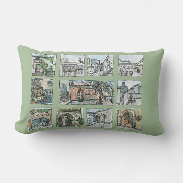 Italian Village Views in Green Lumbar Cushion (Front)