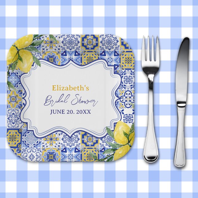 Italian watercolor tiles with lemon Bridal Shower Paper Plate (Creator Uploaded)