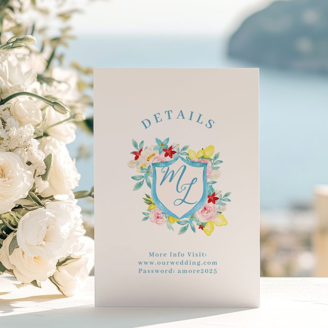 Italian Wedding Details Amalfi Monogram Crest Enclosure Card (Creator Uploaded)