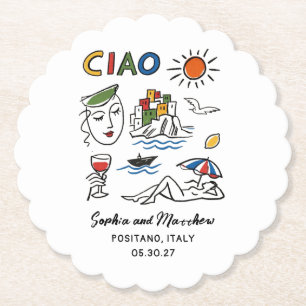 Italian Wedding Hand Drawn Amalfi Coast Modern Paper Coaster