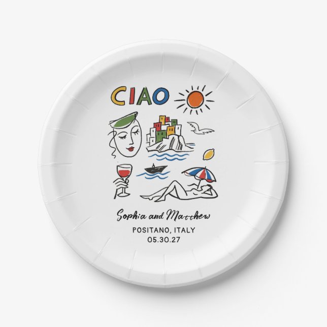 Italian Wedding Whimsical Hand Drawn Amalfi Coast  Paper Plate (Front)