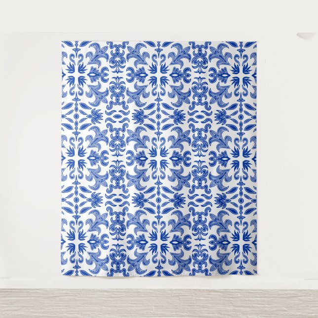 Italian White and Blue Wedding Backdrop Tapestry (Front)