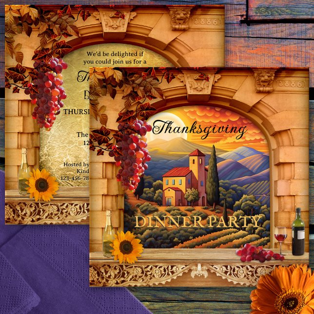 Italian Wine Thanksgiving Dinner Party Invitation (Artistic Thanksgiving dinner invitation with an Italian landscape, grapes and wine with classic arch)