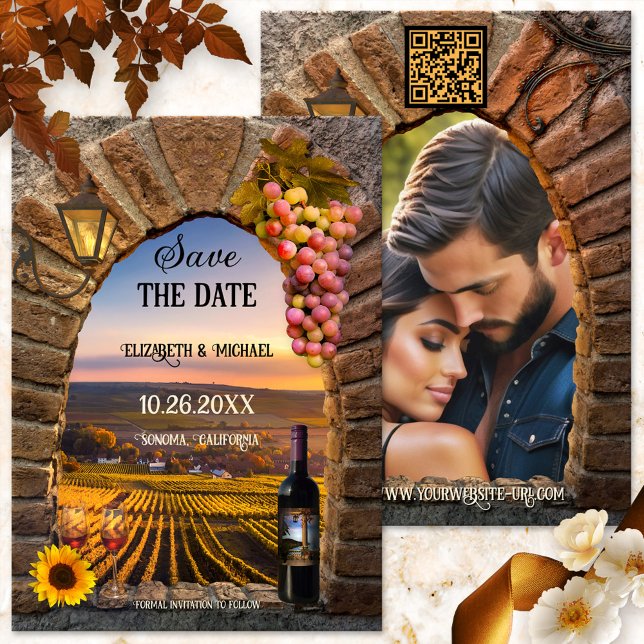 Italian Wine Themed Photo Wedding Save The Date (Romantic Save the Date card showing a Roman arch with lantern, wine and grapes - Italian - vineyard)