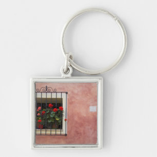 Italy, Asciano, Window Boxes with Fresh Spring Key Ring