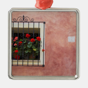 Italy, Asciano, Window Boxes with Fresh Spring Metal Ornament