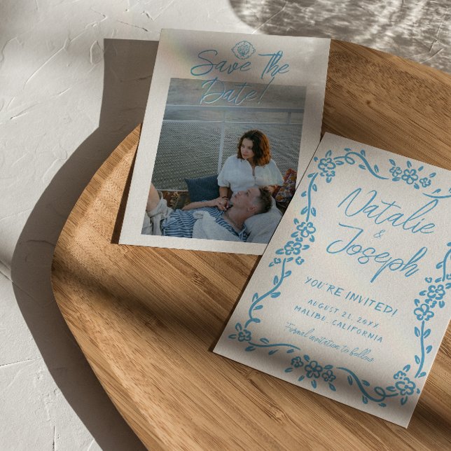 Italy Blue Hand Drawn Mediterranean Photo Wedding Save The Date (Creator Uploaded)