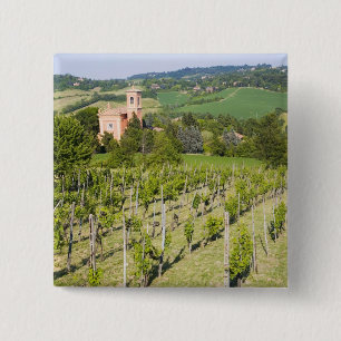 Italy, Bologna, View through Vineyard to Chiesa 15 Cm Square Badge