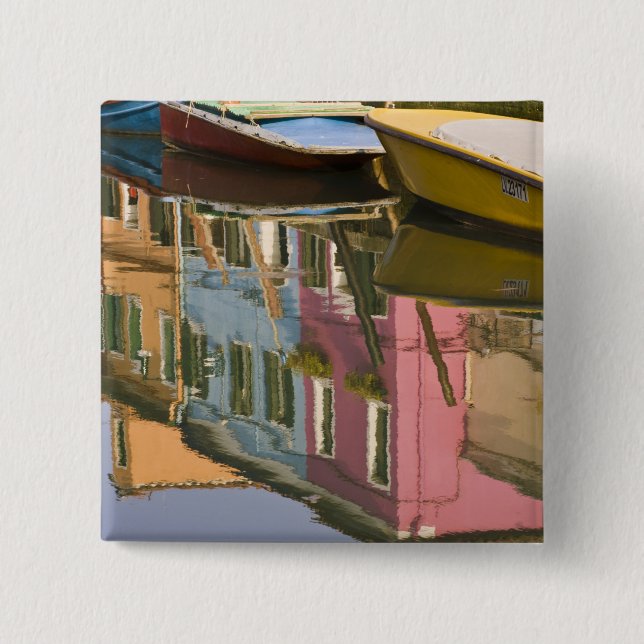Italy, Burano. Boats on a canal with 15 Cm Square Badge (Front)