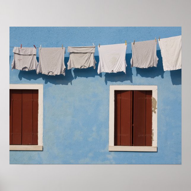Italy, Burano. Hanging laundry and windows along Poster (Front)