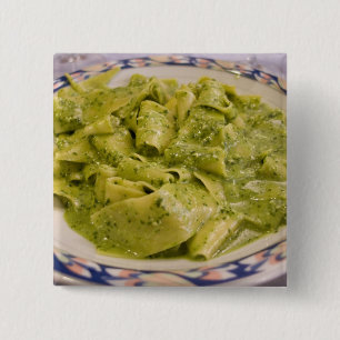 Italy, Camogli. Plate of pasta with pesto 15 Cm Square Badge