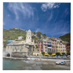 Italy, Cinque Terre, Vernazza, Harbour and Church Ceramic Tile