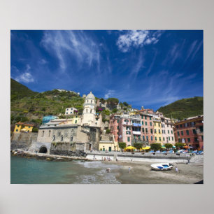 Italy, Cinque Terre, Vernazza, Harbour and Church Poster