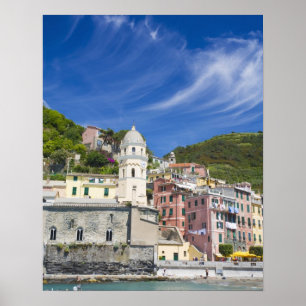 Italy, Cinque Terre, Vernazza, Harbour and Church Poster