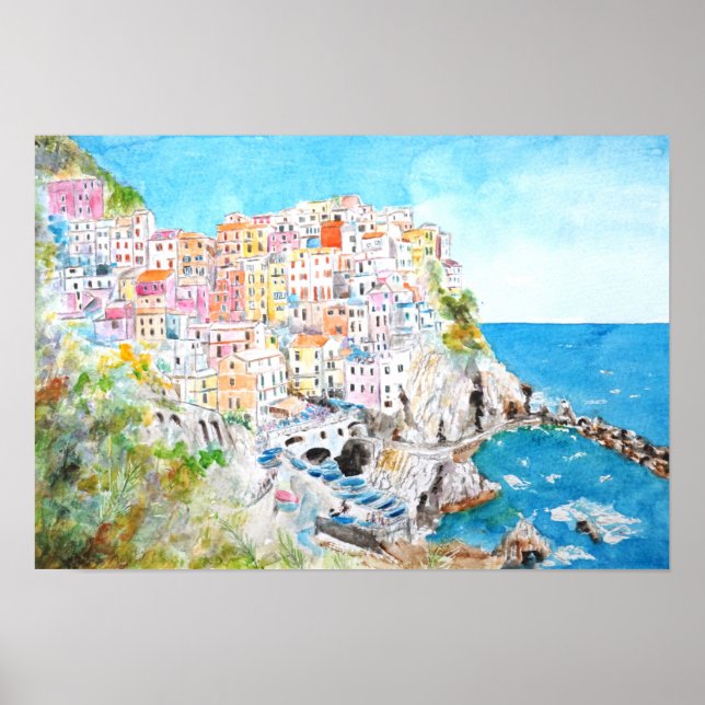 Italy Cinque Terre watercolor painting Poster (Front)