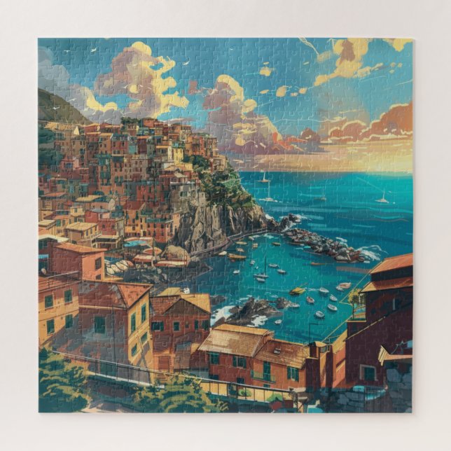 Italy Coastline with Towering Cliffs & Sunlit Town Jigsaw Puzzle (Vertical)