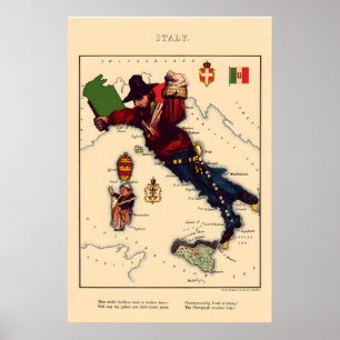 Italy Comical Map Vintage Lithograph860s - Framed Poster