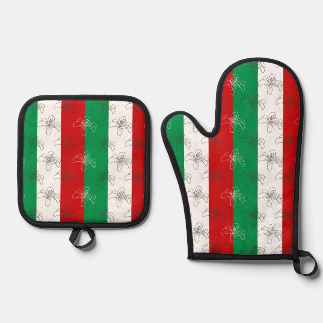 Italy Flag Colours with Lilies Oven Mitt & Pot Holder Set (Front)