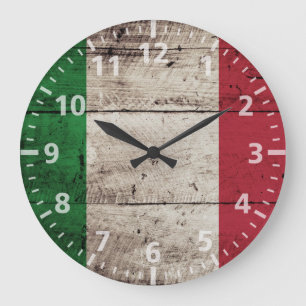 Italy Flag on Old Wood Grain Large Clock