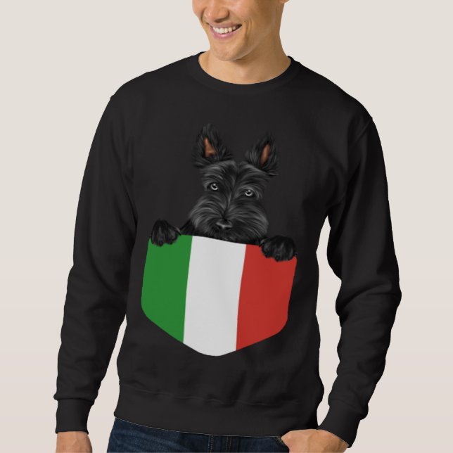Italy Flag Scottish Terrier Dog In Pocket Sweatshirt (Front)