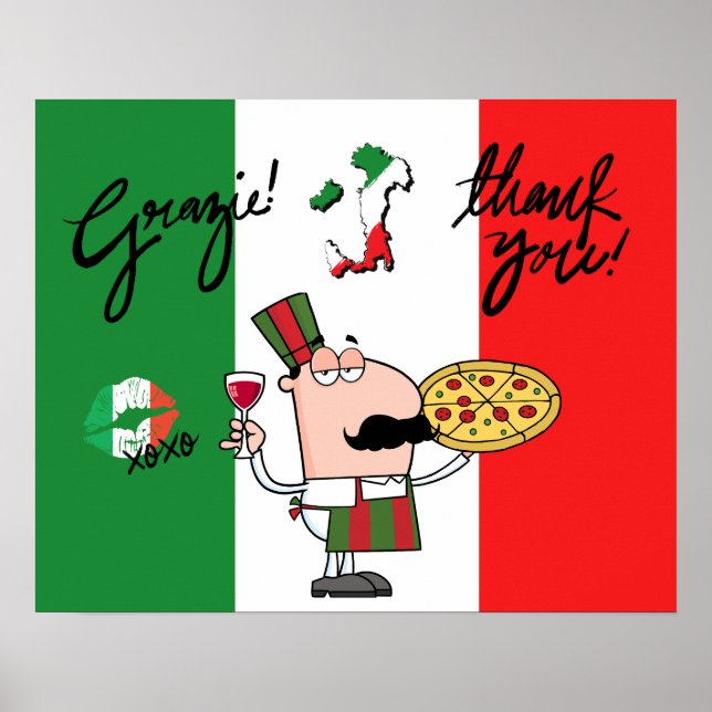Italy Grazie Pizza Chef Wine Kiss XOXO Art Poster (Front)
