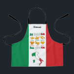 Italy IT HASTA BE PASTA Kids Apron<br><div class="desc">Fun Italy IT HASTA BE PASTA Kids Apron with CUSTOMIZABLE TEXT, designed with various popular types of pasta, namely fusilli, farfalle, rigatoni, conchiglie, penne and ravioli, plus the map outline of Italy. The wording is created in the colours of the Italian flag – green, white and red – and reads...</div>