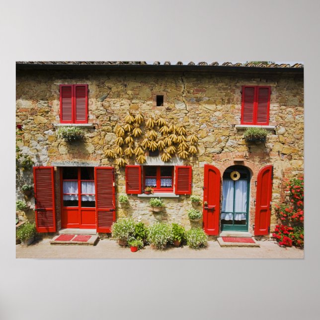 Italy, Lucignano, Red Shutters and Harvest Poster (Front)
