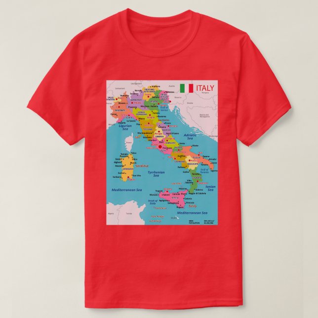 Italy map with regions and main cities T-Shirt (Design Front)