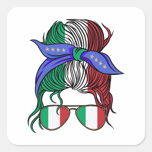 Italy messy bun with Italian Flag Square Sticker (Front)