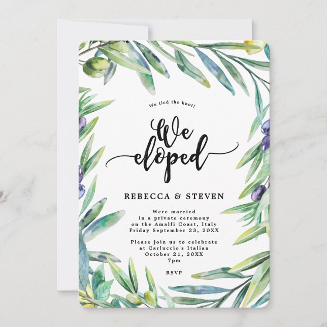 Italy olives we tied the knot we eloped invitation (Front)