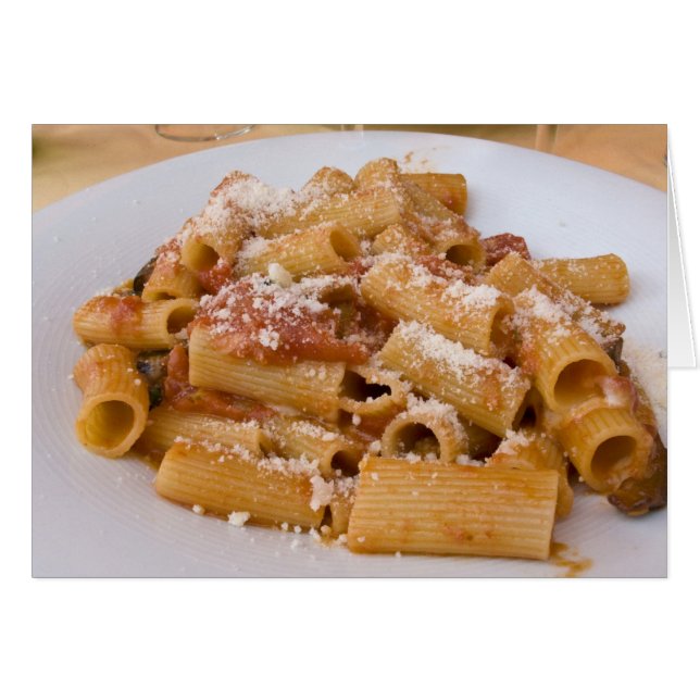 Italy, Positano. Display plate of rigatoni. (Front Horizontal)