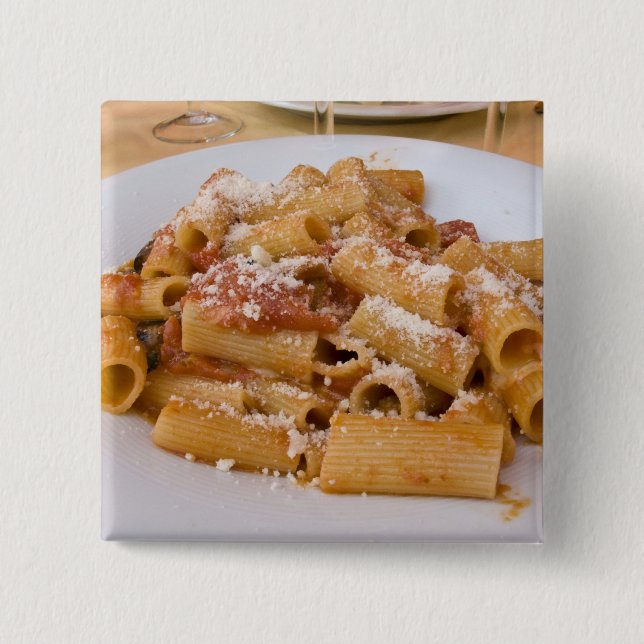 Italy, Positano. Display plate of rigatoni. 15 Cm Square Badge (Front)