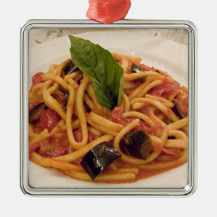 Italy, Positano. Plate of pasta and eggplant. Metal Tree Decoration