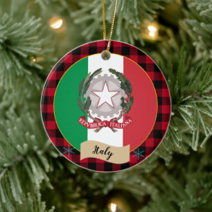 Italy, Red buffalo plaid & Italian Flag Ceramic Ornament