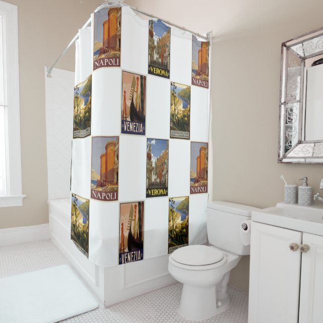 Italy retro collage vintage cities poster shower curtain (In Situ)